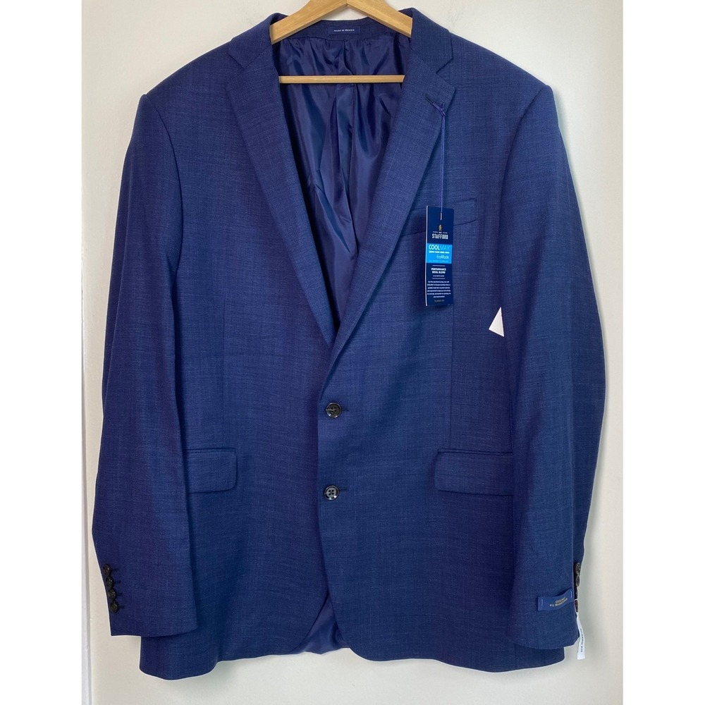 Stafford Coolmax EcoMade Blazer Mens 48 Long Navy Blue Wool Blend Classic Fit